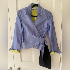 Marisa Baratelli Stylish Blue Wrap Blouse with Black and Yellow Accents
